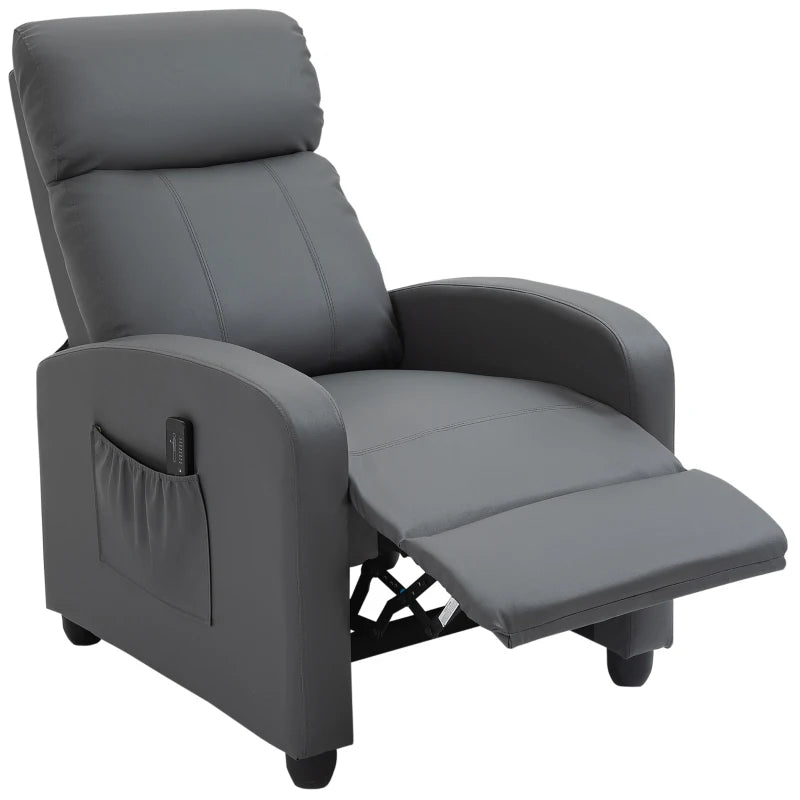 HOMCOM Recliner Armchair, Massage Faux Leather Push Back Reclining Chair with Adjustable Leg Rest, Side Pocket, for Home Living Room Theatre, Grey