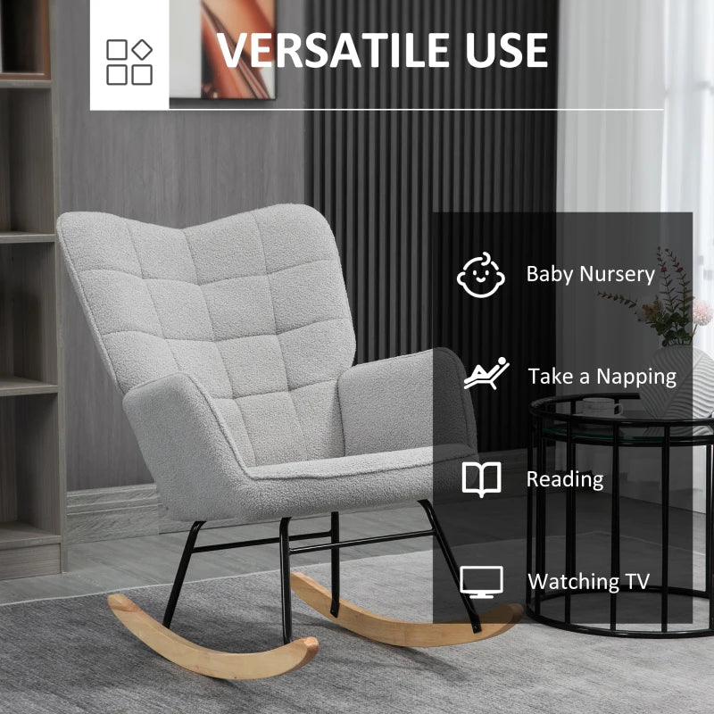 HOMCOM Accent Rocking Chair, Berber Fleece Nursery Glider Rocker, Modern Armchair, Wingback Chair for Living Room and Bedroom, Grey
