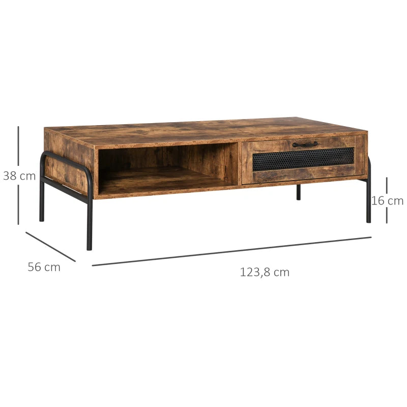 HOMCOM Industrial Coffee Table with Storage, Centre Table with Mesh Drawer, Open Shelf and Metal Legs for Living Room, Rustic Brown