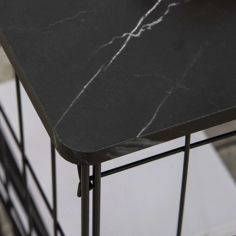 HOMCOM Side Table Marble Top, Black, with Storage, for Living Room Bedroom