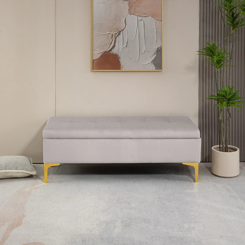 HOMCOM Storage bench tufted seat velvet look 2 in 1 metal legs 120 x 44 x 44.5 cm gray and gold