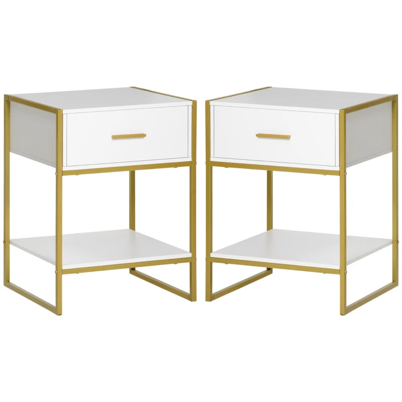 HOMCOM Set of Two Elegant Bedside Tables - White/Gold-Tone