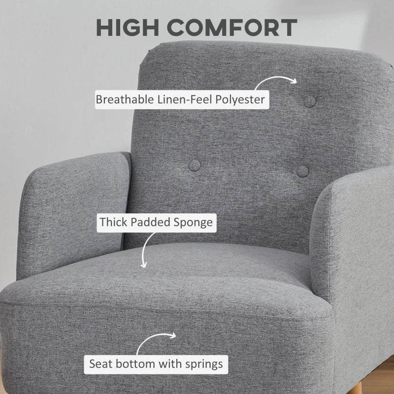 HOMCOM Upholstered Armchair, Living Room Chairs with Birch Wood Legs, Thick Padding and Button Mid-Back, Grey