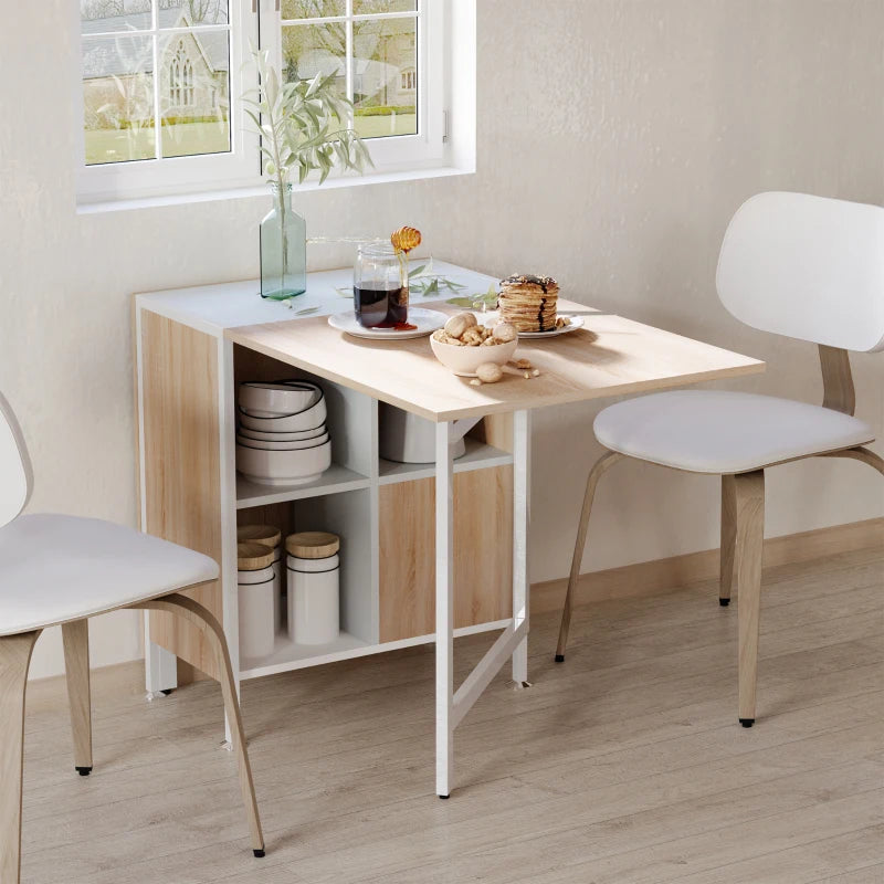 HOMCOM Foldable Drop Leaf Dining Table Folding Workstation for Small Space with Storage Shelves Cubes Oak & White
