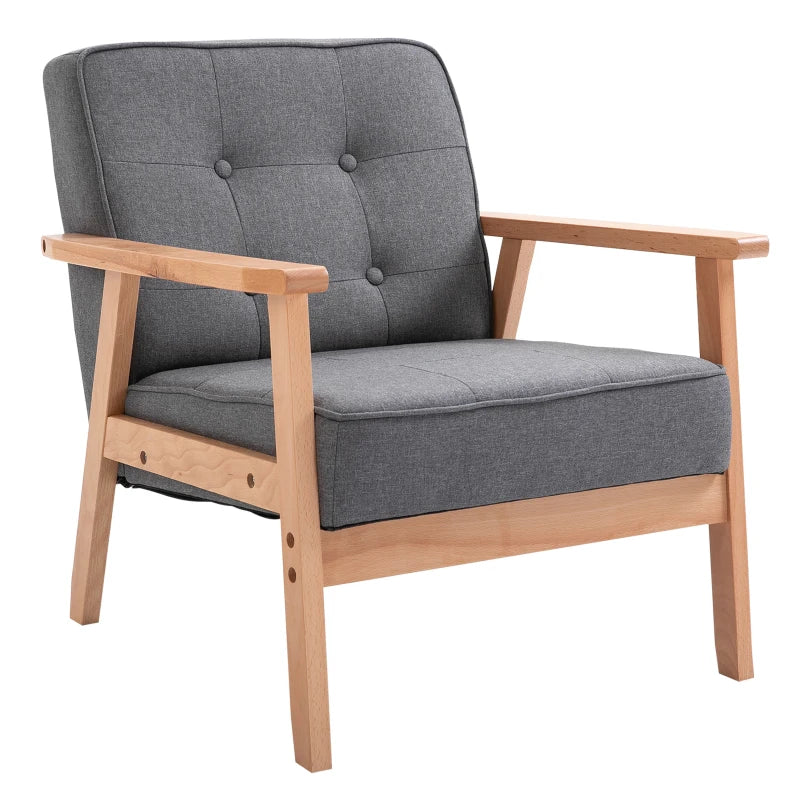 HOMCOM Sitting Chairs for Living Room, Wooden Accent Chair Lounge Armchair Retro Linen Fabric Upholstered w/ Arm Grey