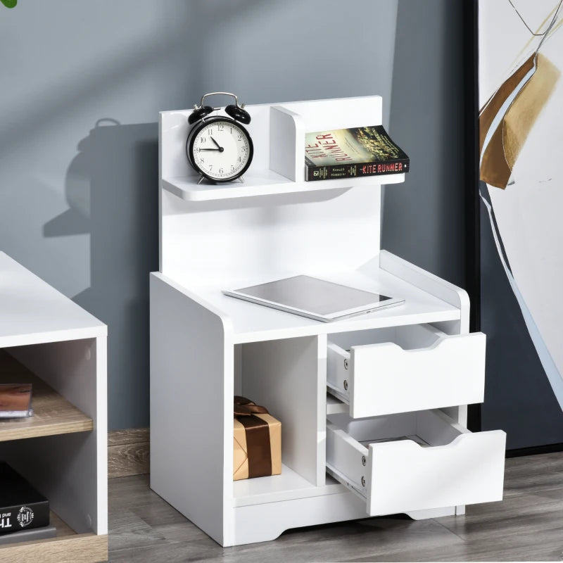 HOMCOM Bedside Table, Small Bedside Cabinet with 2 Drawers and Storage Shelves, Accent Table for Living Room, Bedroom, White