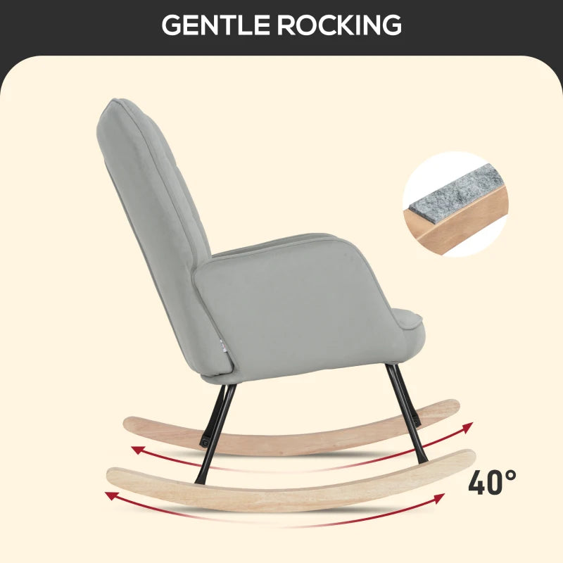 HOMCOM Rocking Chair, Thick Padding, Wide Backrest, Beech Wood/Steel Frame, Supports up to 120 kg, Light Gray