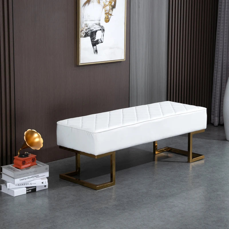 HOMCOM 120cm Long Ottoman Bench PU Leather Bed End Lounge Sofa with Gold Electroplated Legs for Bedroom Living Room Entryway White