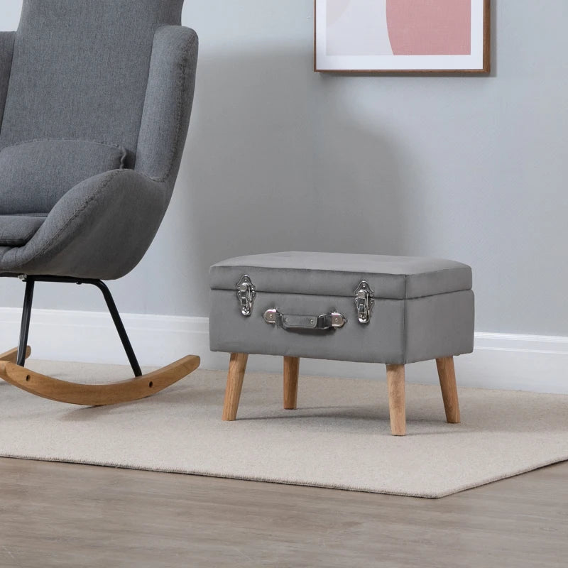 HOMCOM Upholstery Footstool, Velvet Pouffe Storage Trunk, Suitcase Style Ottoman with Wood Legs and Button Tufted Design for Bedroom, Hallway, Grey