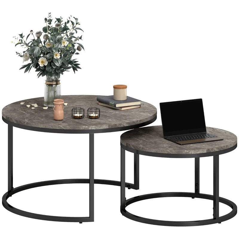 HOMCOM Industrial Nesting Coffee Table Set of 2, Round Coffee Tables, Living Room Table with Faux Marbled Top and Steel Frame