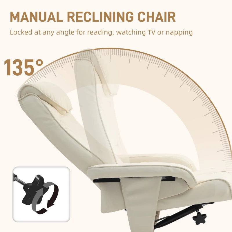 HOMCOM Reclining Armchair with Footrest, Backrest Reclining up to 135°, Synthetic Covering, Cream White