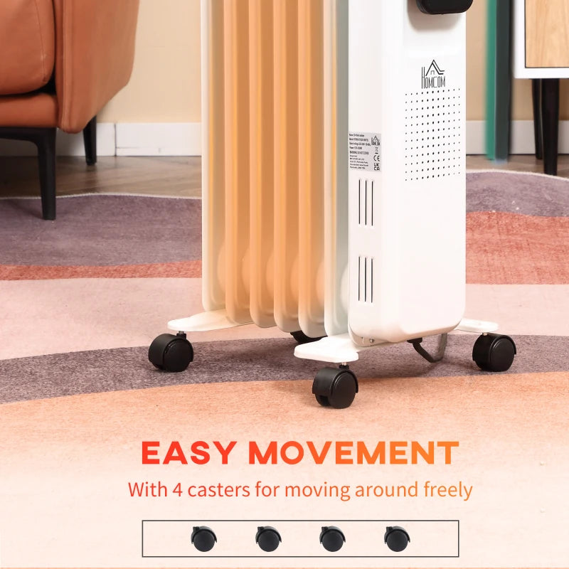 HOMCOM 1630W Oil Filled Radiator with 7 Fins, Portable Electric Heater with 24H Timer, 3 Power Settings, Safety Cut-off and Remote, White