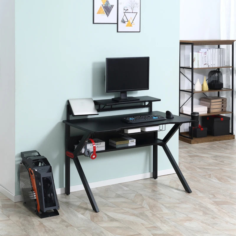 HOMCOM Black Gaming Desk, Metal Frame w/Cup Holder Headphone Hook & Cable Basket