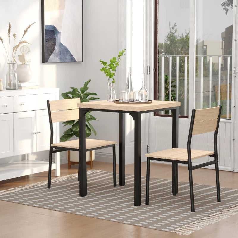 HOMCOM 3 Pieces Compact Dining Table 2 Chairs Set Wooden Metal Legs Bistro cafe Kitchen Breakfast Bar Home Furniture, Light Wood Grain