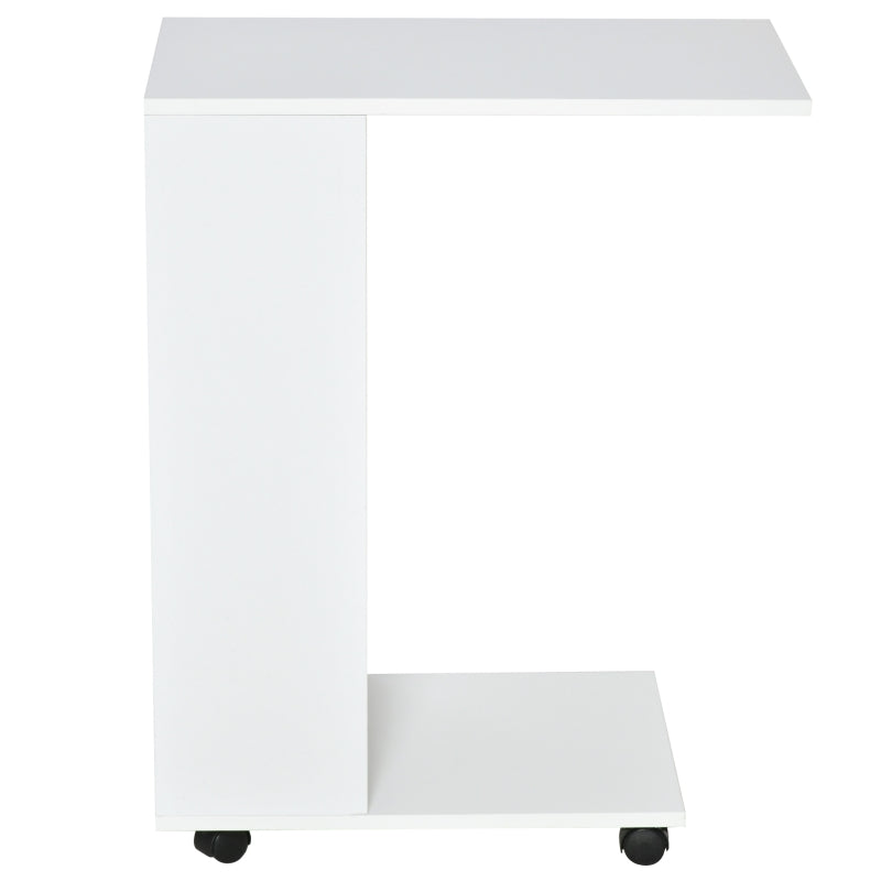 HOMCOM C-Shape Sofa Side Table with Wheels and Storage, Mobile End Table for Laptop, Coffee, Snack, White