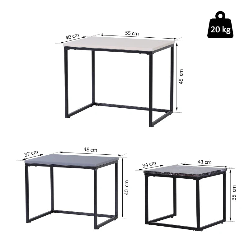 HOMCOM 3-Piece Coffee Table Set Stackable End Table Side Table Metal Base MDF 3 Colors