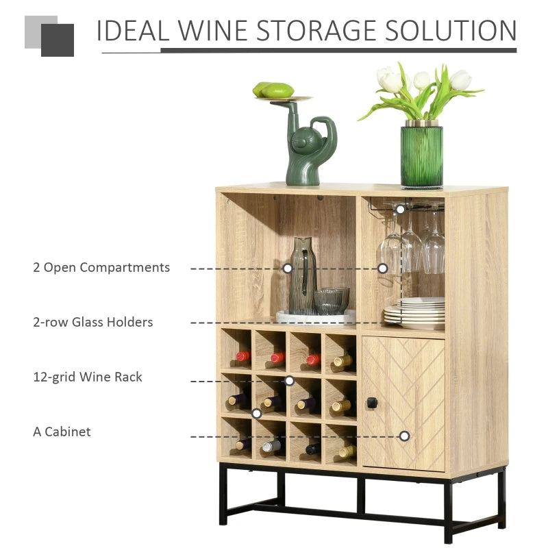 HOMCOM Wine Cabinet for 12 Bottles, Freestanding Wine Rack Sideboard Serving Bar with Glass Holders, Brown