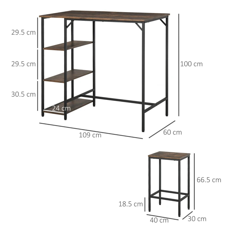 HOMCOM 3 Piece Industrial Bar Table Set, Bar Table with 2 Stools and Side Shelf, Kitchen Table and Chairs for Dining Room, Dinette