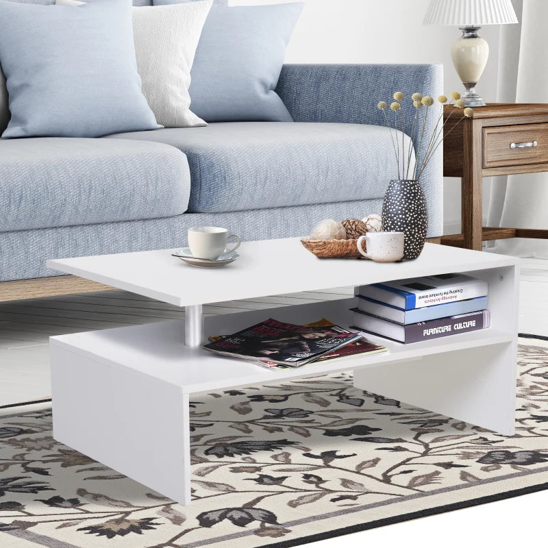 HOMCOM White Wood Coffee Table, 2 Tier Modern Rectangular Open Shelf Desk Living Room