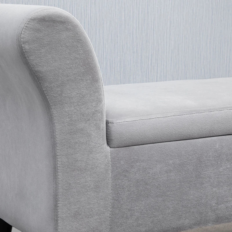 HOMCOM Ottoman Bench with Storage Armrests Chest Bench Modern Entryway Bedroom Living Room Velvet-like Polyester Rubberwood Light Grey 111.5 x 41 x 65 cm
