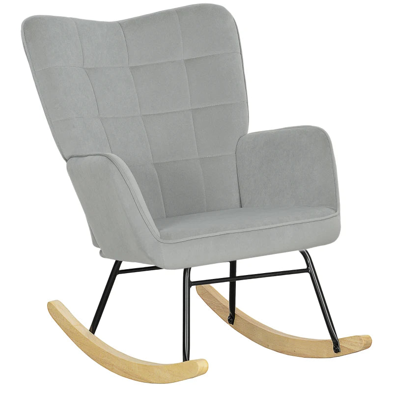 HOMCOM Rocking Chair, Thick Padding, Wide Backrest, Beech Wood/Steel Frame, Supports up to 120 kg, Light Gray