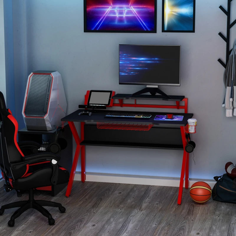 HOMCOM 136 x 66cm Gaming Desk with K Shape Legs, Computer Table with Monitor Stand, Cup Holder, Headphone Hook and Wire Basket, Red