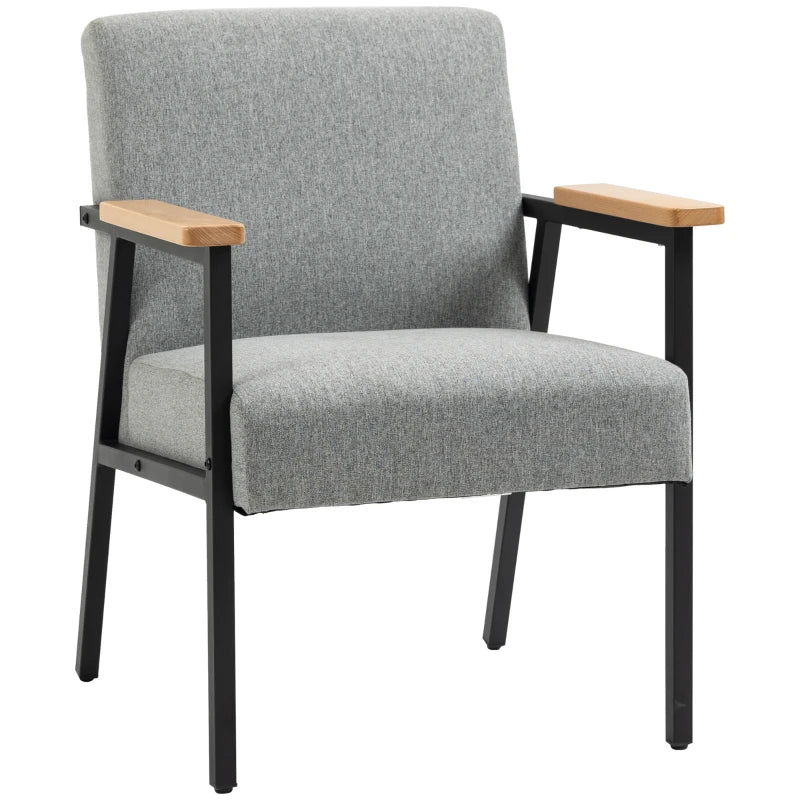 HOMCOM Modern Accent Chair with Cushioned Seat and Back, Upholstered Fireside Chair for Living Room, Comfy Chair with Wood Armrests and Steel Legs, Grey