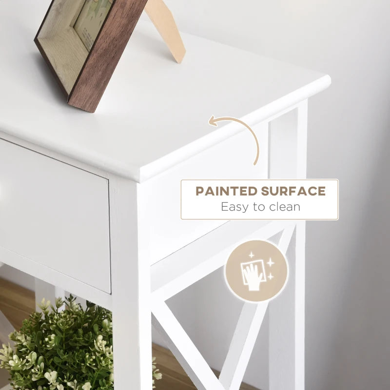 HOMCOM Farmhouse End Table, Sofa Side Table with Drawer, Bottom Shelf and X-frames, Bedside Table for Bedroom, White