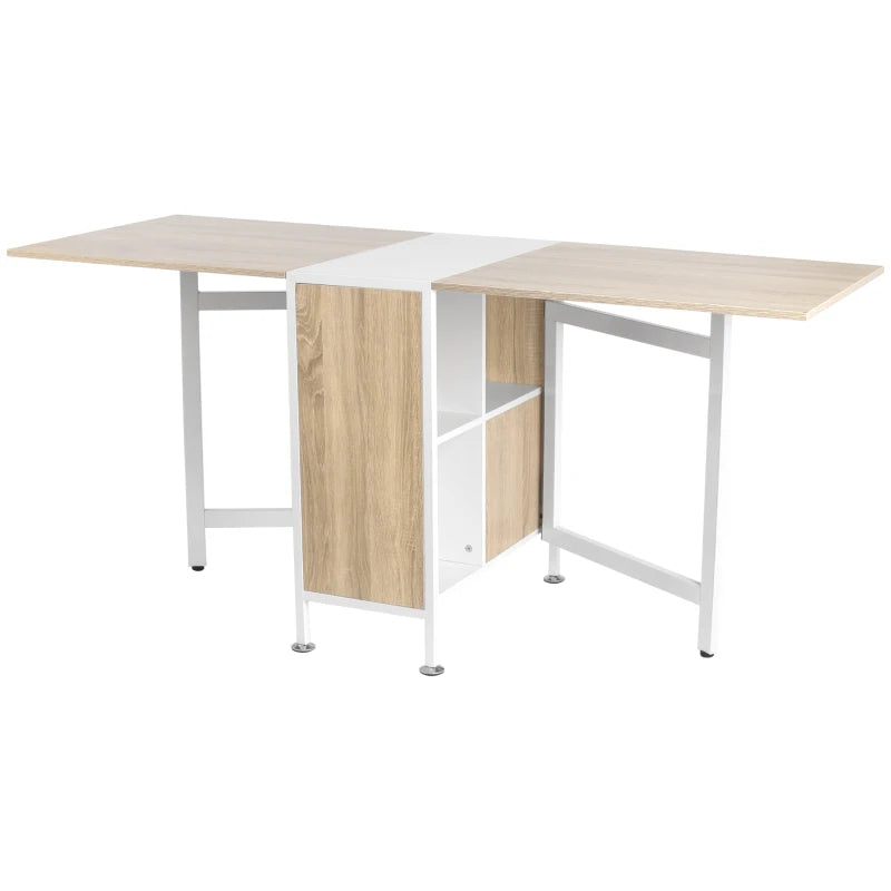 HOMCOM Foldable Drop Leaf Dining Table Folding Workstation for Small Space with Storage Shelves Cubes Oak & White