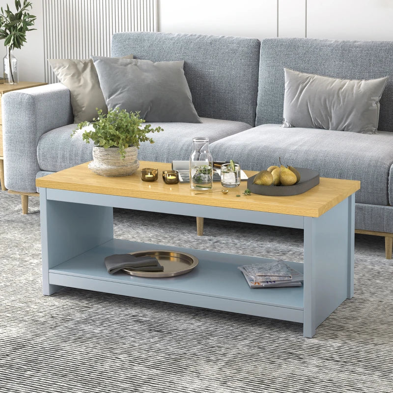 HOMCOM Coffee Table, 2-tier Centre Table with Storage Shelf and Wood Grain Tabletop, Rustic Living Room Table, Grey