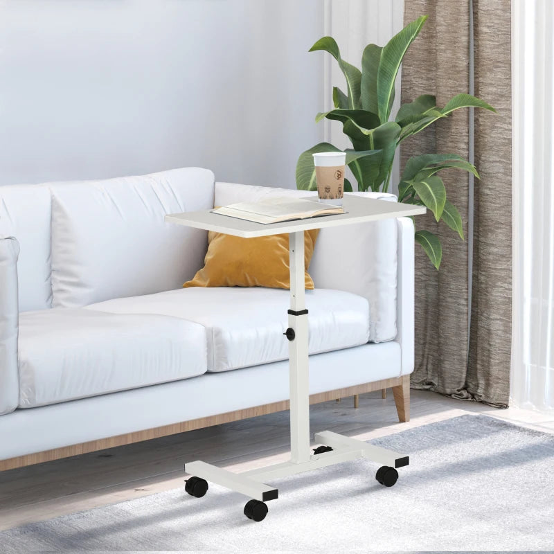 HOMCOM Mobile Overbed Table, Rolling Laptop Stand with Wheels, Height Adjustable Sofa Side Table for Home Office, White