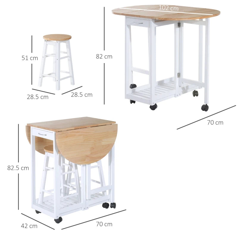 HOMCOM Pine Wood 3-Piece Compact Folding Dining Table with Stools White