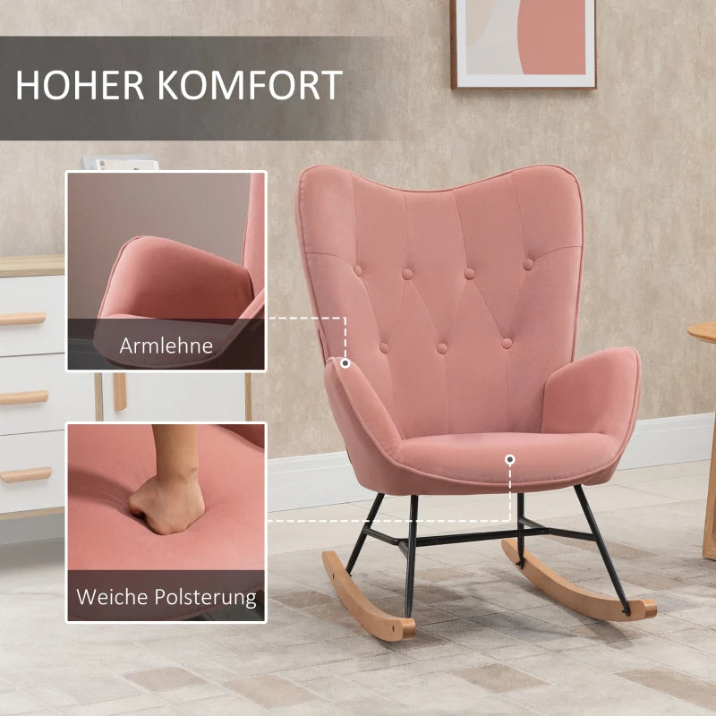 HOMCOM Rocking Chair with Steel Frame Upholstered Relax Chair Armchair Lounge with Padded Seat Velvety Polyester Rubberwood Metal Pink + Natural 65 x 70 x 96 cm