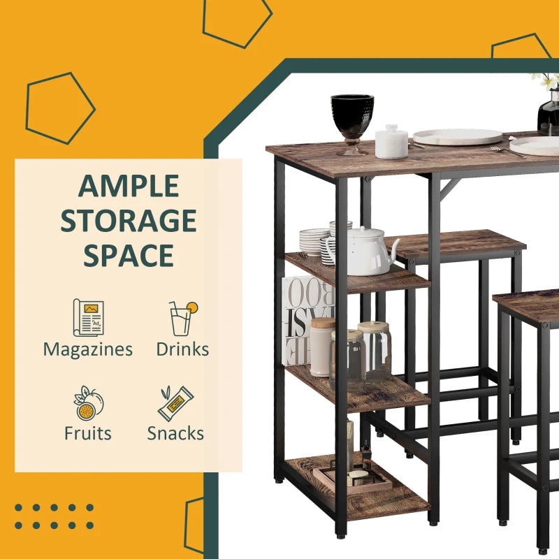 HOMCOM 3 Piece Industrial Bar Table Set, Bar Table with 2 Stools and Side Shelf, Kitchen Table and Chairs for Dining Room, Dinette
