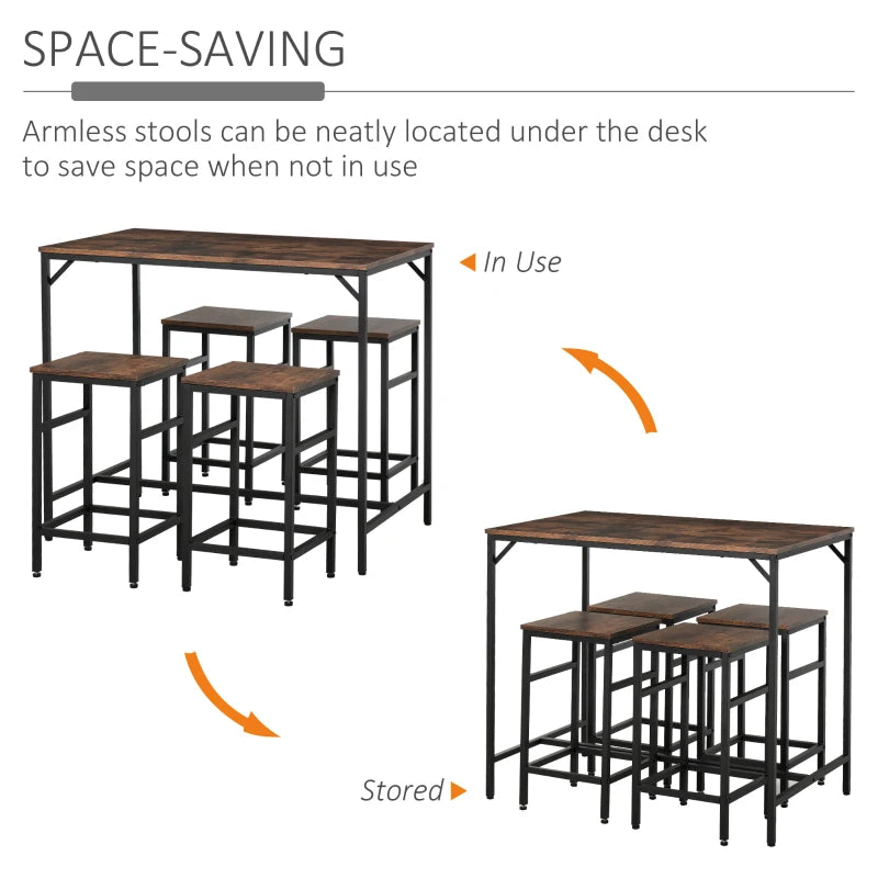 HOMCOM Industrial Rectangular Bar Table Set with 4 Stools for Dining Room, Kitchen, Dinette