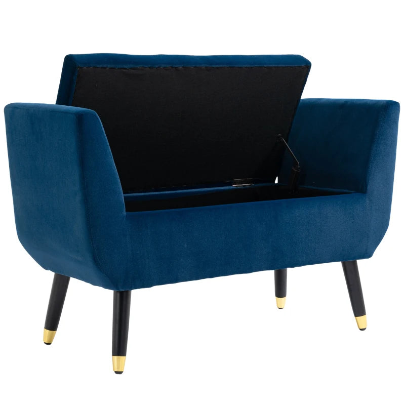 HOMCOM Luxury Ottoman Bench with Storage Armrests Chest Velvet Polyester Rubberwood Blue 107 x 42 x 65 cm