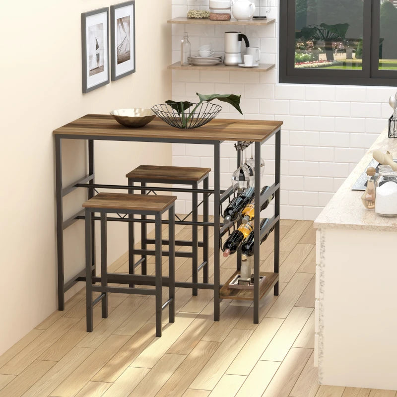HOMCOM 3 Pieces Dining Table and Chair Bar Bistro Set with 8-bottle Wine Rack and Cup Holder, Metal Frame for Kitchen, Dining Room, Living Room, Pub