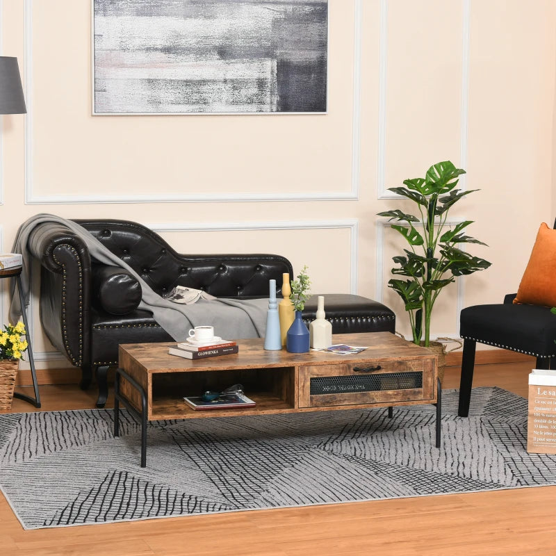 HOMCOM Industrial Coffee Table with Storage, Centre Table with Mesh Drawer, Open Shelf and Metal Legs for Living Room, Rustic Brown