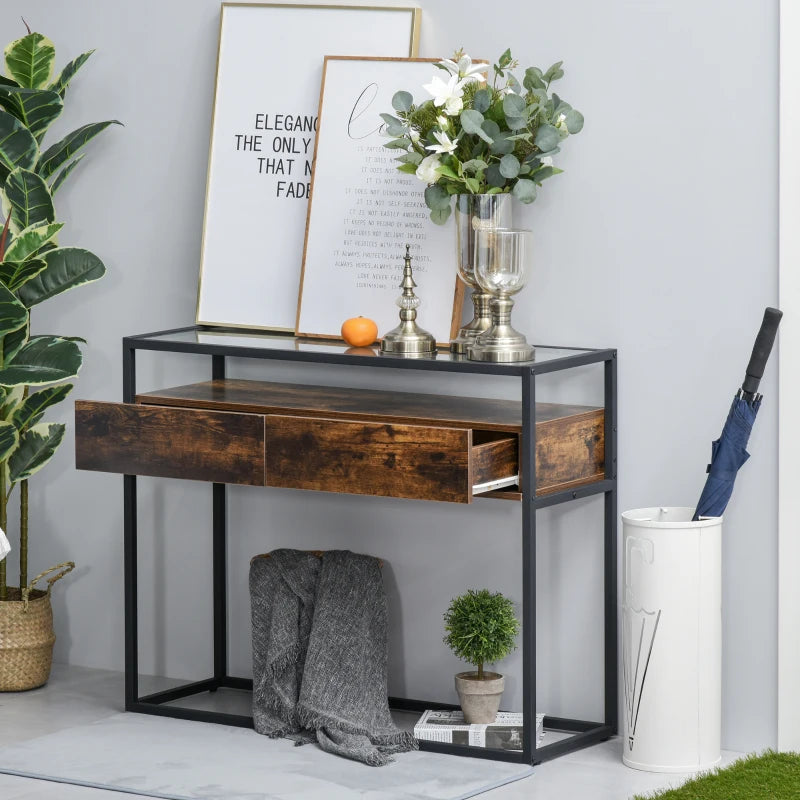 HOMCOM Entryway Console Table Desk with Drawers, Toughened Glass Shelf, 3D Wood Grain