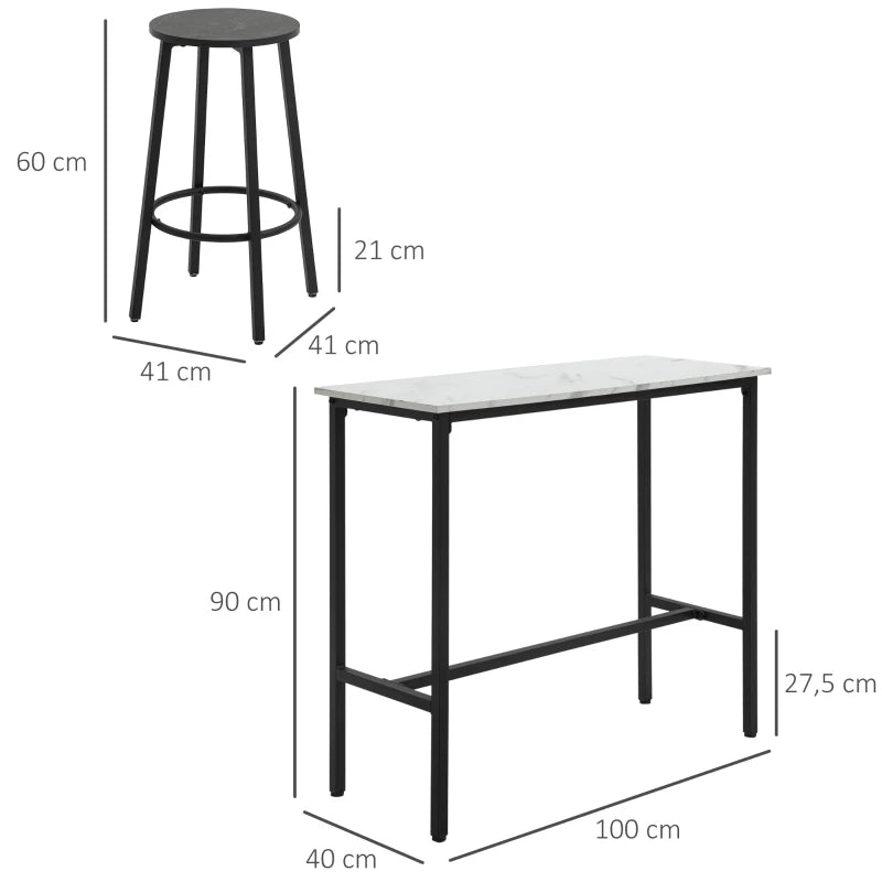 HOMCOM Bar Set for 2 Persons, 1 Table with 2 Bar Stools, White Marble Look Tabletop, Steel Frame
