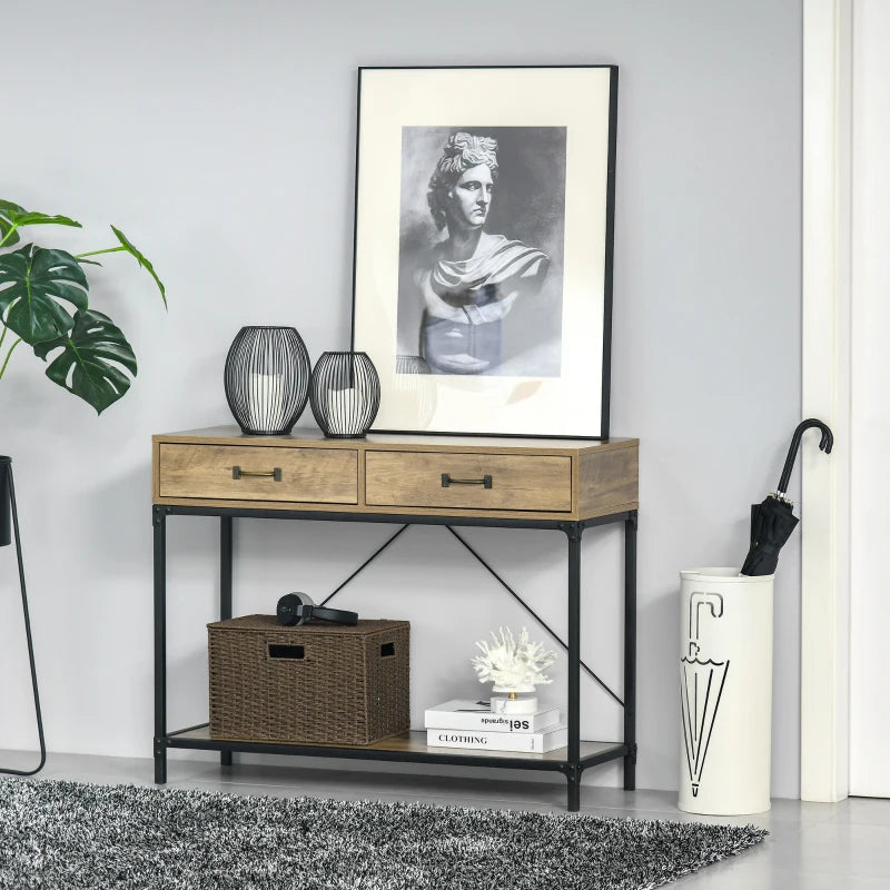 HOMCOM Console Table Entryway Table Side Table 2 Drawers Lower Shelf Vintage Metal Particleboard Brown+Black 100 x 35 x 76.5 cm