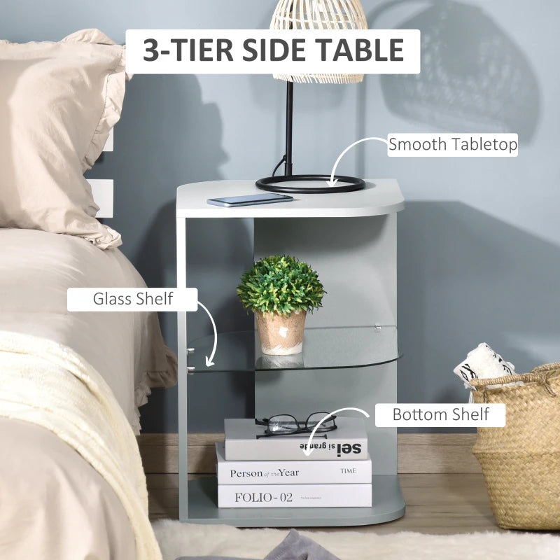 HOMCOM Modern Side Table, 3-tier Bedside Table, Nightstand with 2 Storage Shelves, Glass Shelf for Living room, Bedroom, Corner, Grey