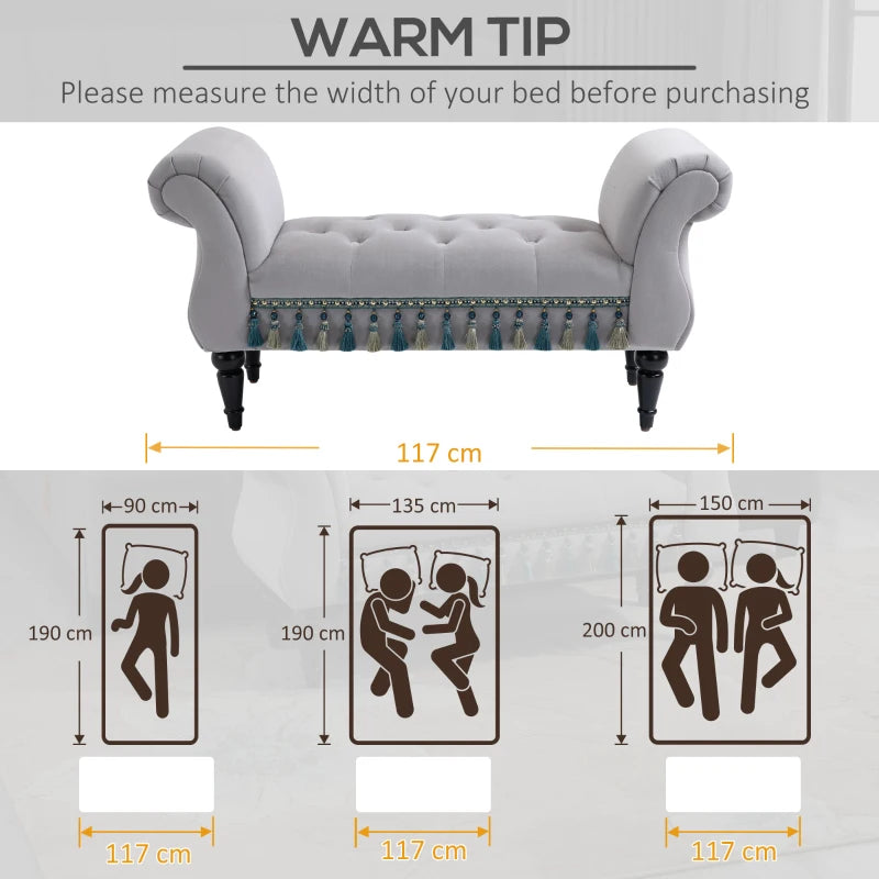 HOMCOM Vintage Bed End Bench with Armrest Tufted Footrest Stool Upholstered Bedroom Imitation Velvet Grey 117 x 40 x 58 cm