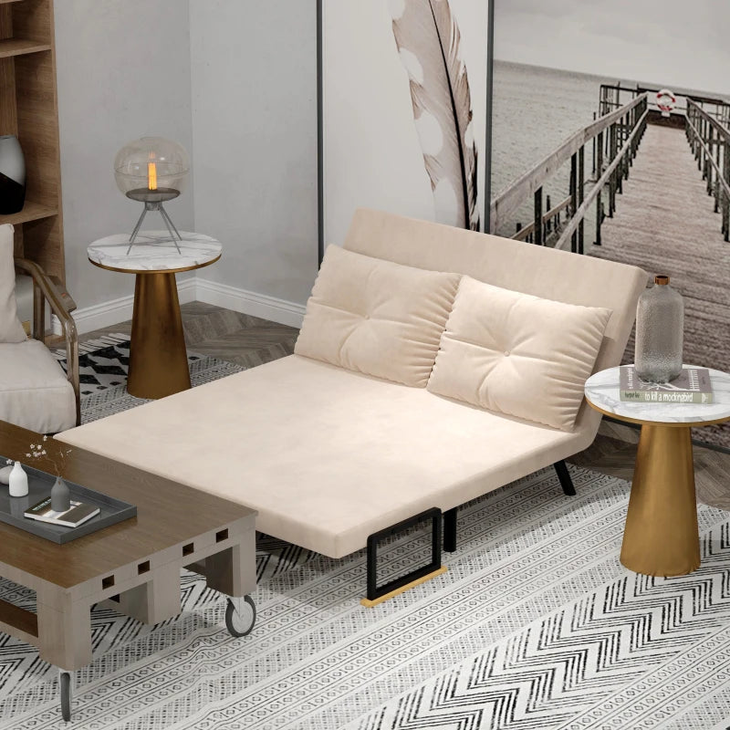 HOMCOM Sleeper Sofa 2-Seater Sofa Velvet Sofa, Sleeper Function, incl. 2 Pillows, Velvety Look, Natural + Beige + Black