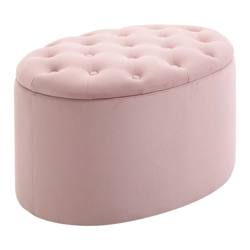HOMCOM Bench Upholstered Ottoman with Storage Chest Oval Shape Entryway Bedroom Living Room Velvet-like Polyester Pink 71 x 52 x 42 cm