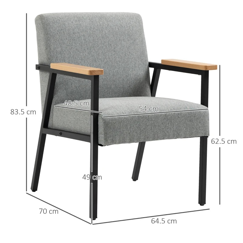 HOMCOM Modern Accent Chair with Cushioned Seat and Back, Upholstered Fireside Chair for Living Room, Comfy Chair with Wood Armrests and Steel Legs, Grey