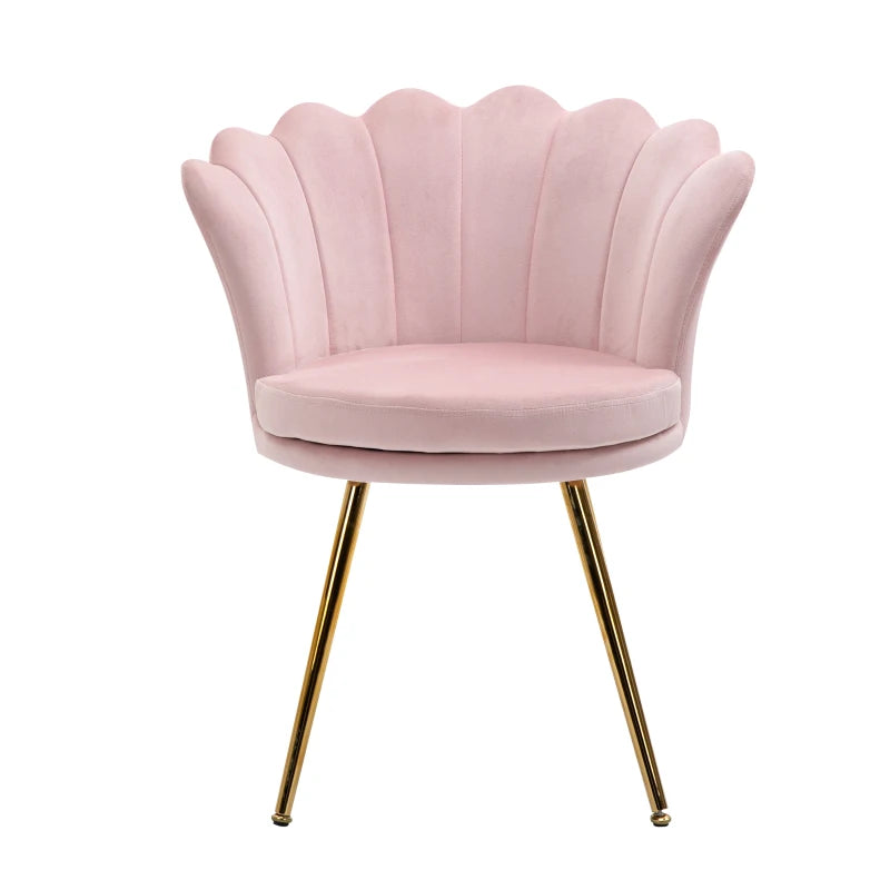 HOMCOM Shell Chair Vanity Chair Velvet Chair Living Room Chair with Golden Metal Legs for Living Room Bedroom and Dining Room 67L x 64W x 77H cm Powder Pink