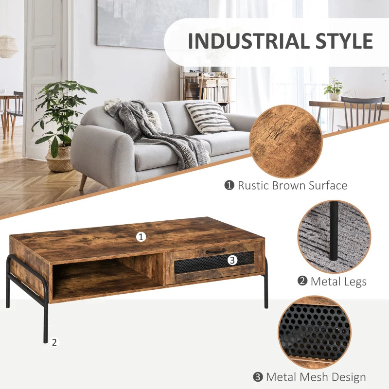 HOMCOM Industrial Coffee Table with Storage, Centre Table with Mesh Drawer, Open Shelf and Metal Legs for Living Room, Rustic Brown