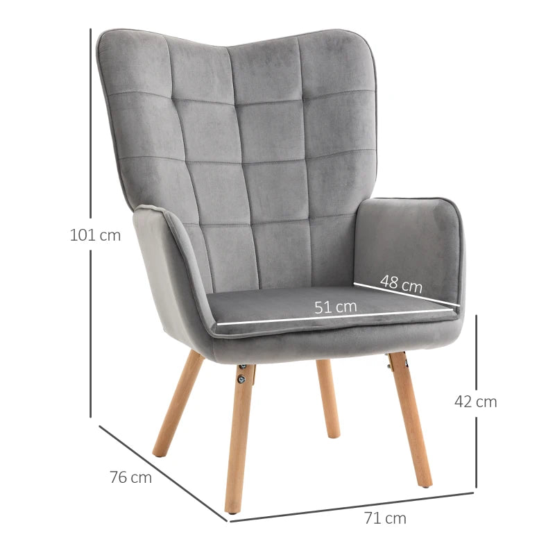 HOMCOM Modern Accent Chair Velvet Tufted Wingback Armchair Upholstered Leisure Club Chair with Wood Legs, Grey