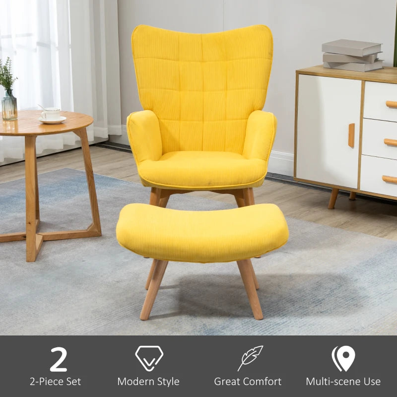 HOMCOM Modern Accent Chair with Ottoman, Living Room Chairs with Steel Frame, Wooden Legs for Living Room, Study, Bedroom and Home Office, Yellow